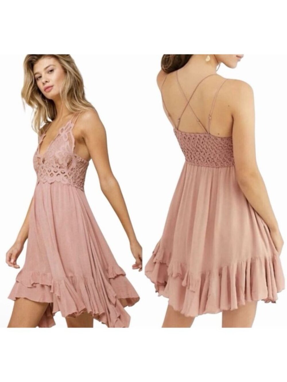 Free People Adella Lace Ruffle Tiered Mini Slip Dress in Rose Pink Size XS
